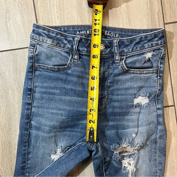 American Eagle Super High Rise Jeggings Distressed Dark Wash Size 2 Stretch - Picture 7 of 9